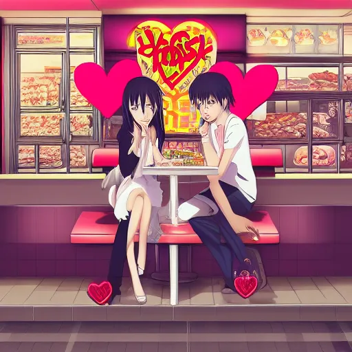 Image similar to a girl and her boyfriend eating a fast food restaurant, there are pink hearts around their heads, an anime drawing by Jin Homura, featured on pixiv, neo-romanticism, anime, pixiv, deviantart hd