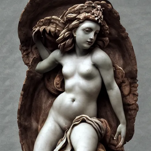 Prompt: sculpture of persephone, goddess of the underworld, being kidnapped by venus, goddess of beauty, made by michelangelo, art station, concept art