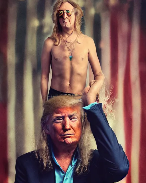 Image similar to if donald trump became a hippie, photoshoot in the style of annie leibovitz, hyperreal