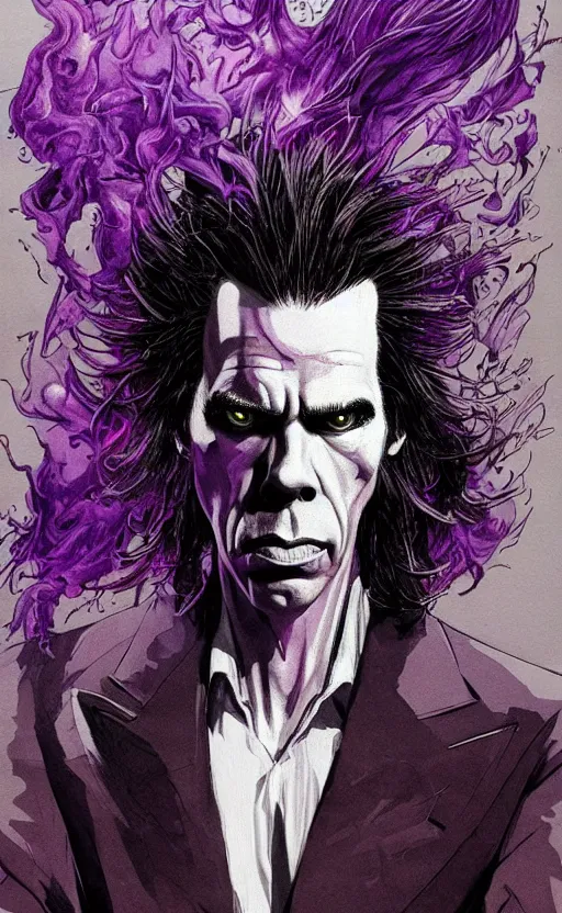 Image similar to full body portrait of nick cave with a lot of purple smoke coming out of his mouth!!!, concept art, sumi - e style, intricate linework, artstation, trending, highly detailed, smooth, focus, art by yoji shinkawa and glenn fabry,