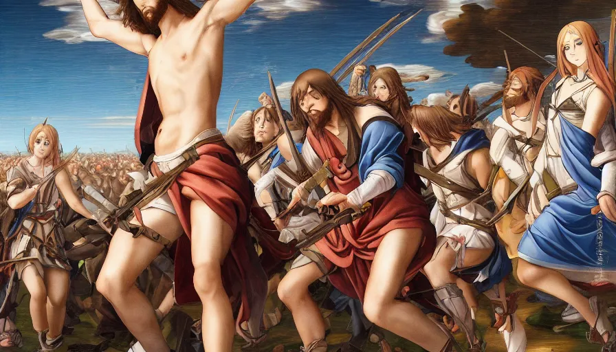 Image similar to jesus christ our lord leading an army of anime girls into battle, photorealistic, anime, mini skirt, long hair, renaissance painting, hyper real, detailed, closeup shot, ultra detailed