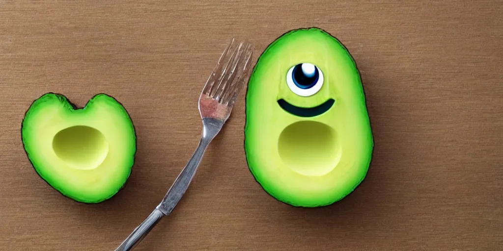 Image similar to cute little smiling avocado robot with cute eyes and forks instead of arms, logo style