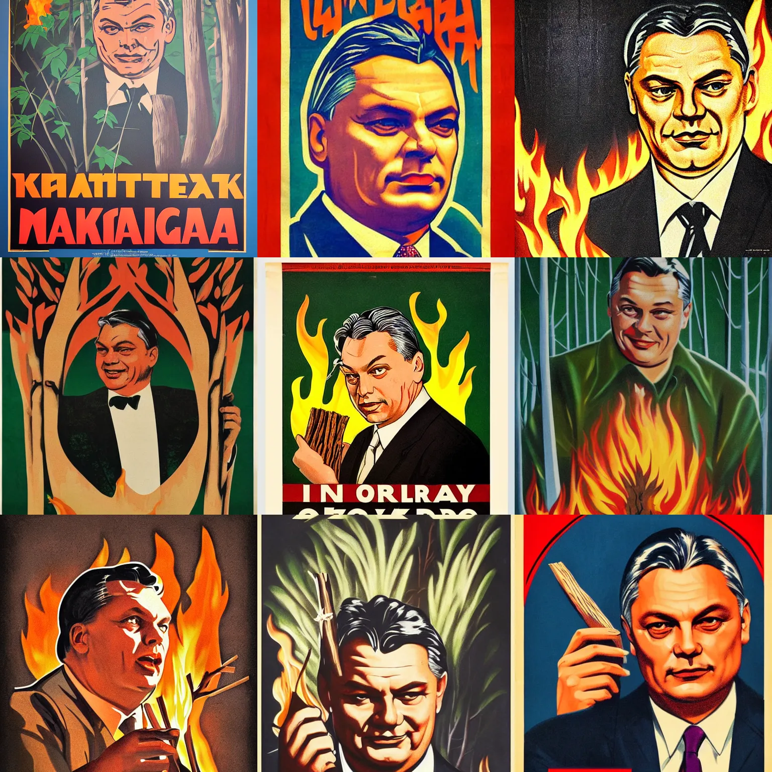 Prompt: vintage art deco poster of viktor orban in a forest, holding a burning wood piece, highly detailed face