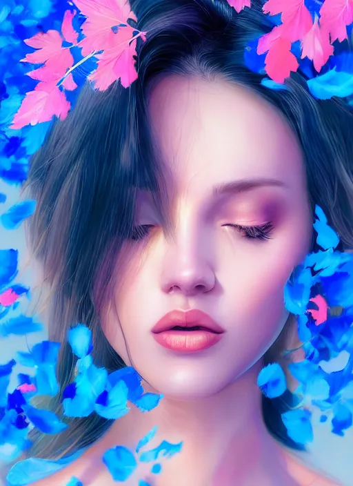 Image similar to gorgeous female covered in translucent blue and pink leaf and petals in the style of stefan kostic, cute - fine - face, dasha taran, backlit, refracted lighting, elegant, half body shot, 8 k, insanely detailed, intricate, art by stanley lau, artgerm, wlop, kuvshinov ilya,