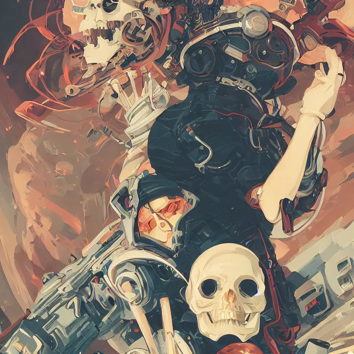 Image similar to anime skull portrait space pirate captain, futuristic science fiction, mucha, hard shadows and strong rim light, art by jc leyendecker and atey ghailan and sachin teng