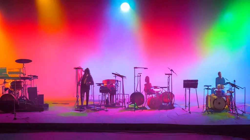 Prompt: a music stage with instruments, drums, colored spot lights cut through the fog by roder dean and greta socha and pablo dominguez.