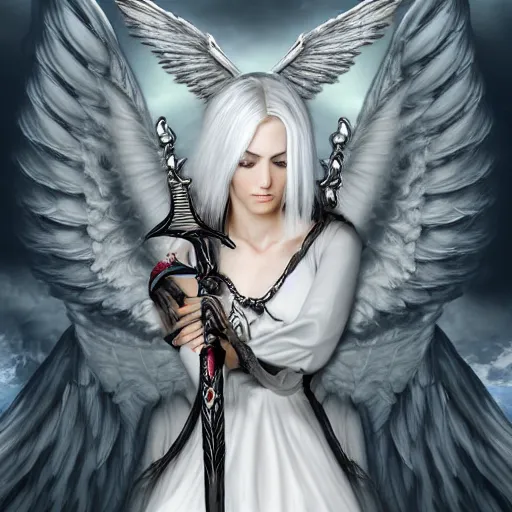 Prompt: a woman with white hair and wings holding a sword, a digital rendering by Anne Stokes, deviantart, fantasy art, deviantart hd, deviantart, angelic photograph