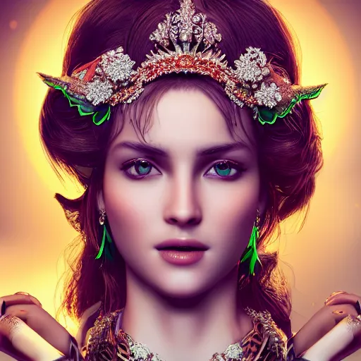 Prompt: wonderful princess with smooth fair skin, alluring eyes, green jewelry, breathtaking, elegant, intricate, hyper detailed, accent lighting, 4 k glamour photography, octane render