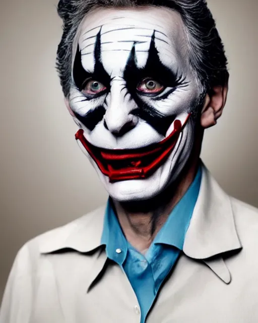 Image similar to Mauricio Macri in Elaborate Cat Makeup and prosthetics designed by Rick Baker, Hyperreal, Head Shots Photographed in the Style of Annie Leibovitz, Studio Lighting, Mauricio Macri as the Joker