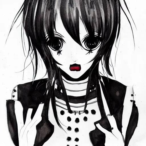 Image similar to headshot art of a goth anime woman, attractive, symmetrical face, trending on artstation, black and white watercolor