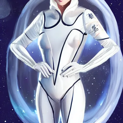 Image similar to beautiful white haired woman dressed in see through space suit in the style of zezhou chen highly detailed, smooth, sharp focus