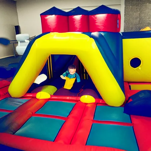 Prompt: a darkly lit indoor playplace bounce house photo taken with a deposable camera, limital space