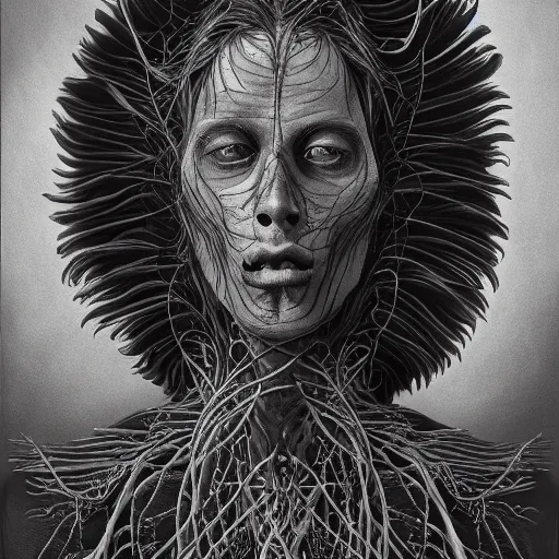 Image similar to portrait of extremely bizarre disturbing mutated man with intense chiaroscuro lighting in flowing dress, arrogant, mysterious, long fine flowing hair, delicate, looking at camera, realistic face, intricate, stylish, elegant, grim dark, flowers, extremely detailed photograph by Martine Johanna and Ernst Haeckel and Greg Rutkowski