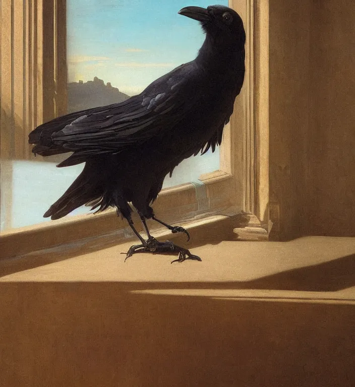 Image similar to a beautifully photoreal clear detailed victorian portrait of a close up raven on a victorian windowsill with an ornate velvet dark teal curtain at beautiful sunset daytime nature sunlit painting by frederic leighton and turner and rosetti, 8 k, octane render