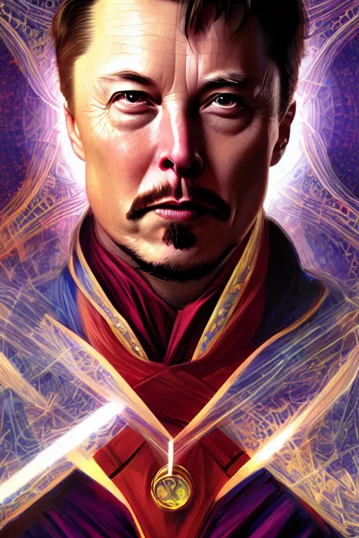 Image similar to elon musk as dr strange, realistic portrait, symmetrical, highly detailed, digital painting, artstation, concept art, smooth, sharp focus, illustration, cinematic lighting, art by artgerm and greg rutkowski and alphonse mucha