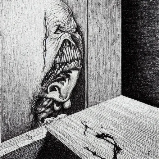 Prompt: grunge drawing of a monster hiding under the bed by - Zdzisław Beksiński, detailed, elegant, intricate, horror themed