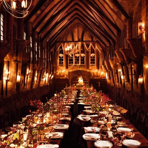 Image similar to feast for hundreds of people. candles, warm ambient light, hogwarts, beautiful, stone walls, hot food, delicious, steaming food on plates, gluttony, digital art, epic. candlelight, firelight, happiness and joy, ghosts flying around, harry potter students, warmth