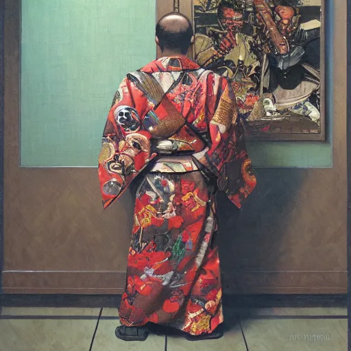 Image similar to the doomslayer wearing a kimono, portrait art by norman rockwell and donato giancola and greg rutkowski,