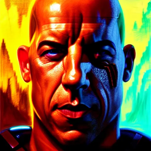 Image similar to portrait of vin diesel, cyborg, terminator 2 : judgment day, fantasy, rule of thirds, intricate, neon highlights, octane render, detailed, beautiful, unreal engine, symmetrical, artstation, art by karol bak, art by artgerm, rossdraws, cinematic, concept art, filmic, vsco