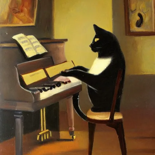 Prompt: an cat playing piano, oil painting,