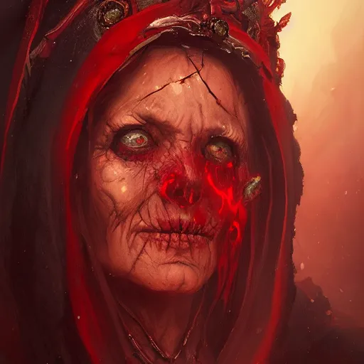 Image similar to a beautiful portrait of an ancient elderly necromancer queen, embers, skeletal, red-fabric, red-eyes, by Greg Rutkowski and Raymond Swanland, Trending on Artstation, ultra realistic digital art