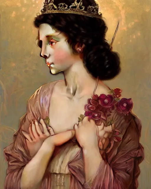 Image similar to a beautiful portrait painting of a shy, blushing princess in a tiara and an iridescent art nouveau gown resembling millie bobby brown watching the lantern festival, intricate, elegant, highly detailed, digital painting, artstation, concept art, by krenz cushart and artem demura and william adolph bouguereau and alphonse mucha