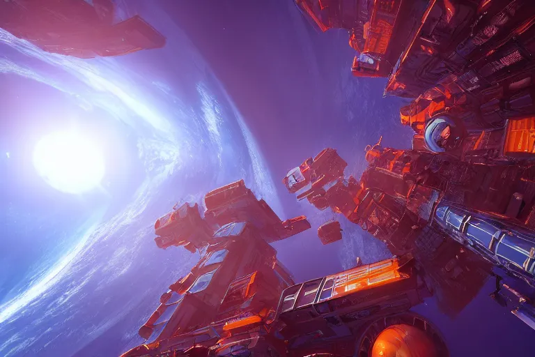 Prompt: beautiful sci fi space station, scene with enormous planets, concept art trending on artstation, blue and orange, volumetric lighting, 8k