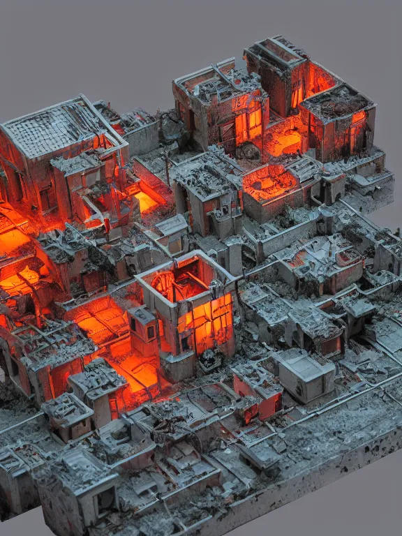 Image similar to mega detailed miniature voxel diorama abandoned research facility, brutalism architecture, suburban, hard lights are on in the windows, dark night, fog, winter, blizzard, uncozy and not peaceful atmosphere, row of street lamps with warm orange light, several ruins nearby, 1 9 6 0