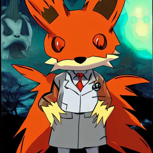 Prompt: Spooky fox in a Halloween lab coat as a Pokémon TCG scientist in the same vein as Game Boy Pokémon TCG card professor Dr. Mason, official 2000 character artwork, key anime visual
