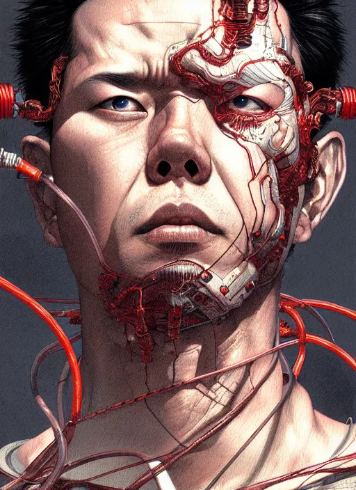 Image similar to Portrait of Tetsuo from Akira, muscular, cables, techwear, intricate, cyberpunk, highly detailed, digital painting, artstation, concept art, smooth, sharp focus, illustration, art by artgerm and greg rutkowski and alphonse mucha