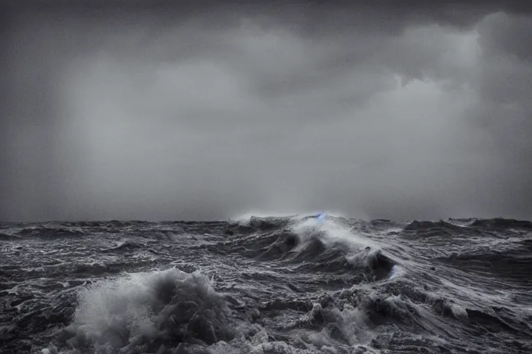 Image similar to high key lighting, ighting storm, danila tkachenko, photograph of an abandoned soviet building block in the middle of the ocean, big waves. dramatic lighting