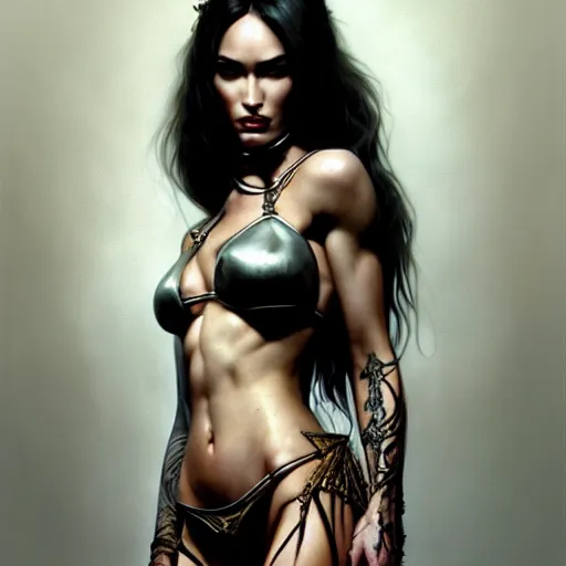 Image similar to portrait of megan fox, muscular upper body, slave collar, bikini, fantasy, intricate, elegant, highly detailed, digital painting, artstation, concept art, matte, sharp focus, illustration, art by aenaluck and roberto ferri and greg rutkowski, epic fantasy, digital painting