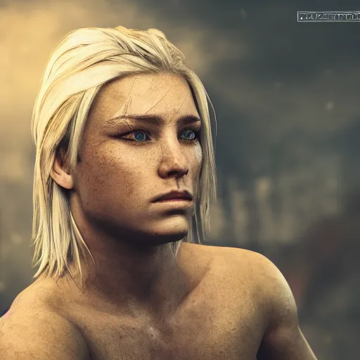 Image similar to legendary pretty blond female warrior, shallow depth of field, moody lighting, 8 k, concept art,