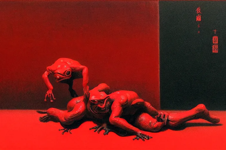 Image similar to only with red, a red samurai do seppuku, tokio, a lot of frogs watch, in the style of beksinski, parts by edward hopper, parts by rodcenko, parts by yue minjun, intricate and epic composition, red by caravaggio, insanely quality, highly detailed, masterpiece, red light, artstation, 4 k