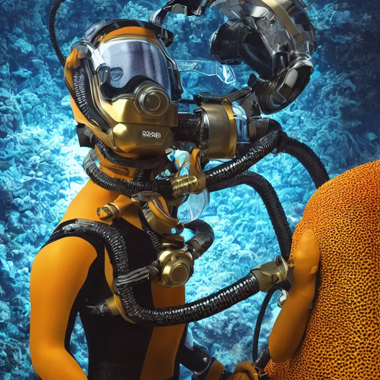 Image similar to octane render portrait by wayne barlow and carlo crivelli and glenn fabry, subject is a futuristic scuba diver with a shiny reflective golden metal helmet with colorful reflective goggles and covered in black ribbed rubber hoses, inside a coral reef aquarium full of exotic fish, cinema 4 d, ray traced lighting, very short depth of field, bokeh