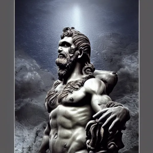 Image similar to Poseidon, the god of the sea, matte painting, photorealistic, dark colors
