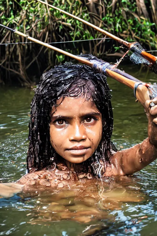 Image similar to a professional portrait photo of a sri lankan jungle girl, submerged in water, black hair, hunter, with bow and arrow, extremely high fidelity, natural lighting.