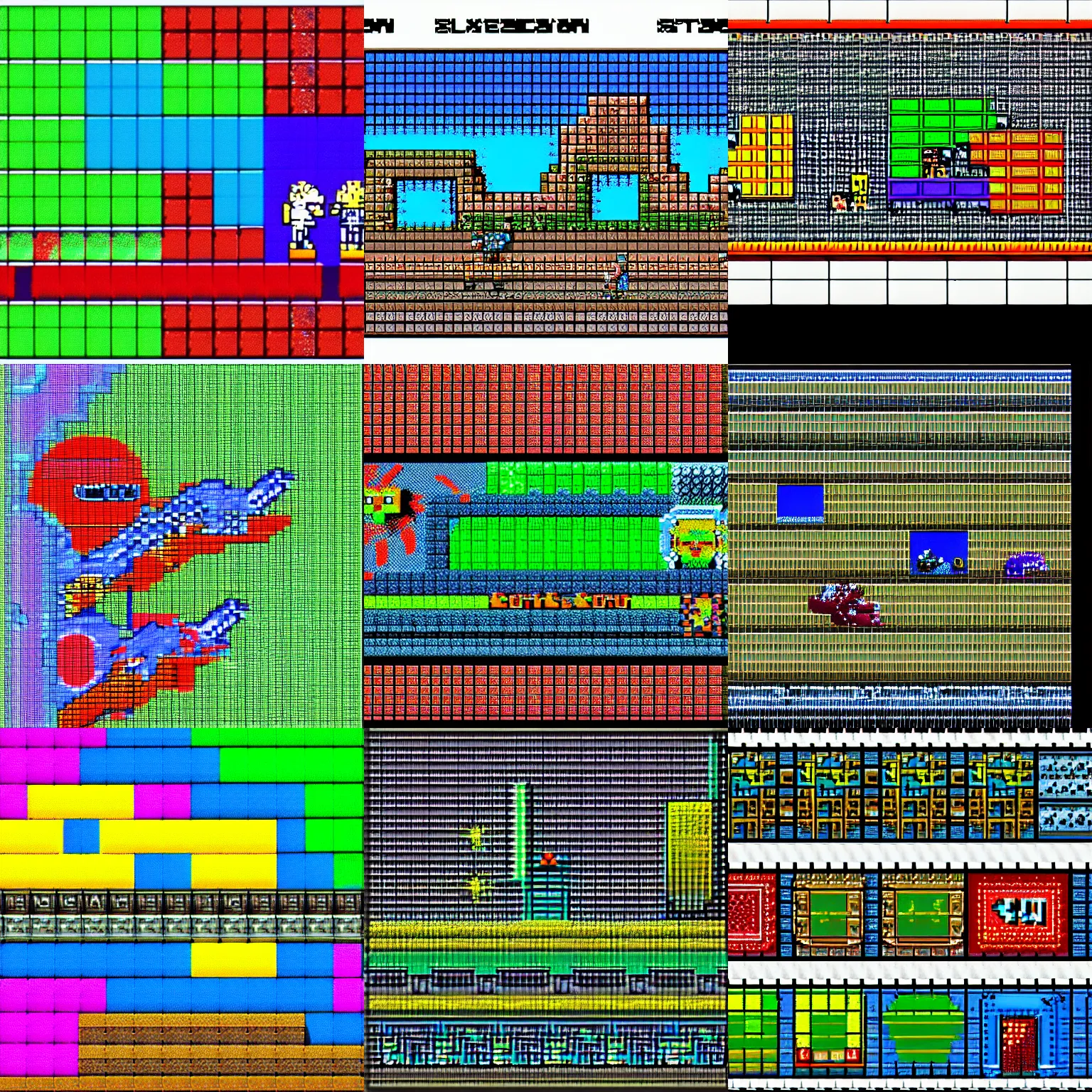 Prompt: zx spectrum starting screen graphics for platformer shooter game exolon. low res pixel art screenshot 1 5 colors 8 bit