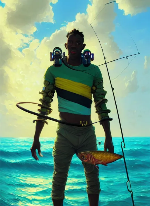 Image similar to portrait of a male jamaican fisherman sci - fi glowing fishing armor fishing rod cyberpunk muscular intricate elegant highly detailed digital painting artstation concept art, ocean background, reggae colors, cinematic, greg rutkowski, loish, rhads, ferdinand knab, makoto shinkai and lois van baarle, ilya kuvshinov, rossdraws, tom bagshaw