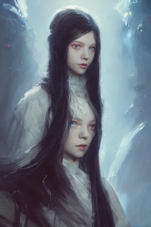 Prompt: a fancy portrait of a beautiful young girl with long blue hair and red eyes by greg rutkowski, sung choi, mitchell mohrhauser, maciej kuciara, johnson ting, maxim verehin, peter konig, bloodborne, 8 k photorealistic, cinematic lighting, hd, high details, dramatic, dark atmosphere, trending on artstation