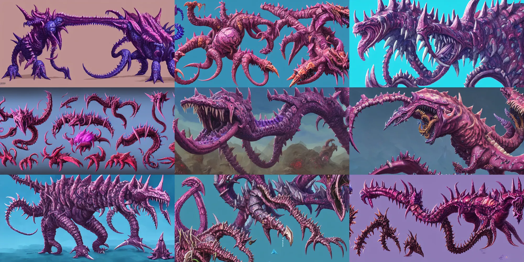 Prompt: game asset of zerg hydralisk, in gouache detailed paintings, props, stylized, 2 d sprites, kitbash, arcane, overwatch, blue and pink color scheme, 8 k, close up