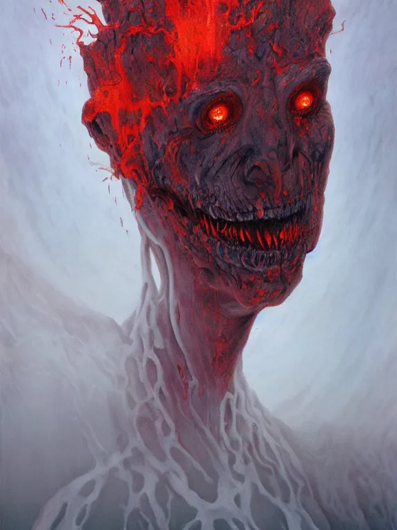 Image similar to wayne barlowe painting of a flying sorrowful looking severed human head with tears running down it's eyes, face that is chalk white in color, with long white tentacles stemming from it's neck, fiery scorching red eyes, background sprawling terrifying hellish cave with lava flowing through it's walls, 4 k