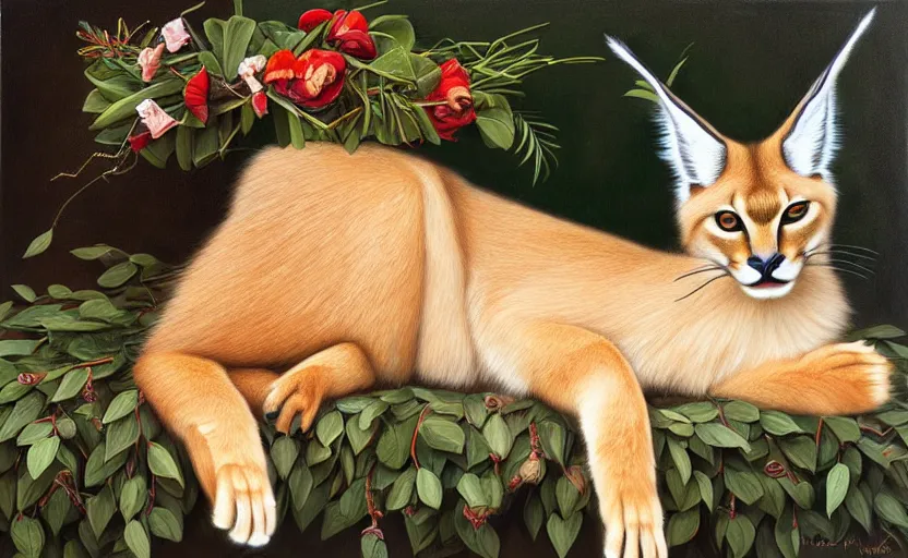 Image similar to fullbody portrait of cute fluffy caracal with laurel wreath on his head, chaplet on head, illustration, high detail, francine van hove