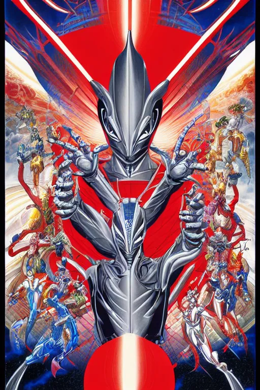 Image similar to poster of ultraman, symmetrical, by yoichi hatakenaka, masamune shirow, josan gonzales and dan mumford, deayami kojima, takato yamamoto, barclay shaw, karol bak, yukito kishiro