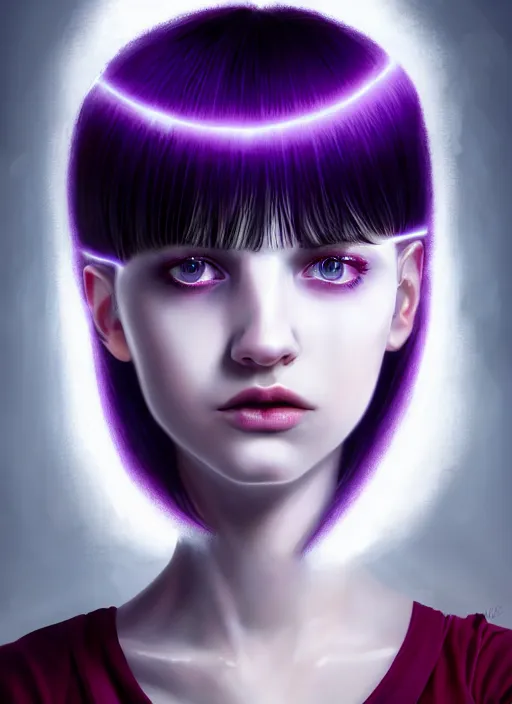 Image similar to hair whitebangs hair, black hair, whitebangs, portrait of teenage girl with white bangs, red irises, purple clothes, white bangs, bangs are different color from hair, intricate, elegant, glowing lights, highly detailed, digital painting, artstation, concept art, smooth, sharp focus, illustration, art by wlop, mars ravelo and greg rutkowski