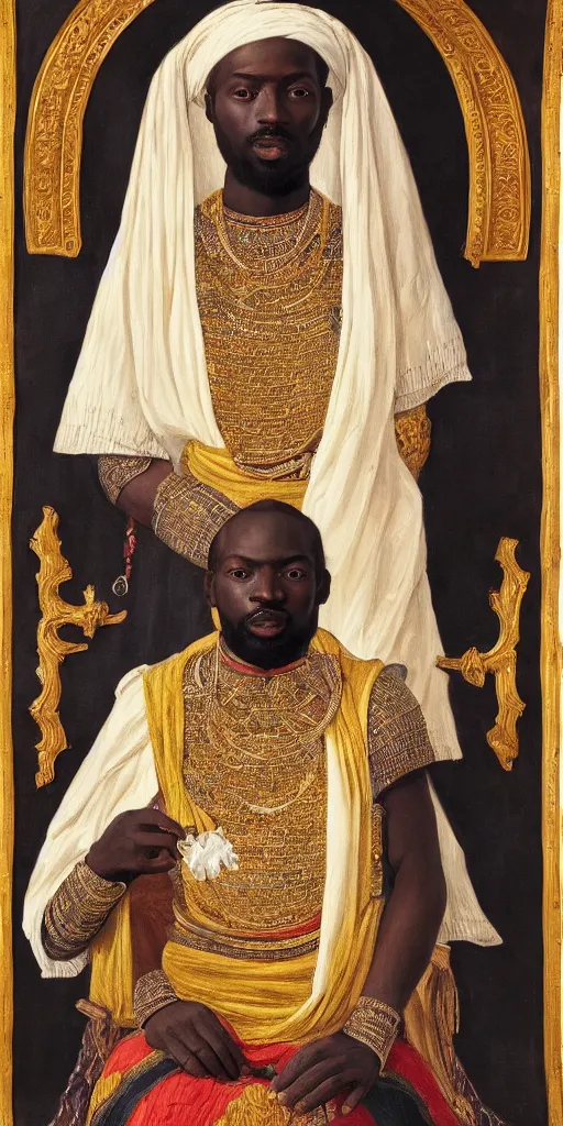 Prompt: a stunning and noble highly detailed romantic period style portrait of mansa musa by charles sillem lidderdale, trending on artstation, oil painting masterpiece, symmetry, mysterious, very very very aesthetic, african iconography