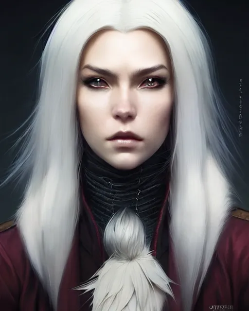 Image similar to dragon hunter wearing a fur - lined dragonhide jacket!!! beautiful and gorgeous elegant white hair!! symmetry, character concept art, sharp focus, illustration, art by artgerm!! greg rutkowski magali villeneuve wlop!! ilya kuvshinov!! charlie bowater! octane render, unreal engine 5! highly rendered!!