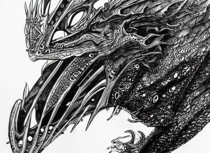 Prompt: modern pen and ink drawing, dragon steam punk, clean lines, really clear, crisp detail, fine pen, Olivia Kemp, julia Hill