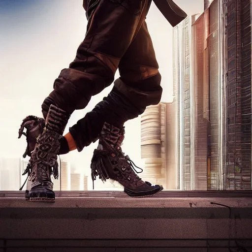 Prompt: a fashion model in helmet, creative, brown skin, digital art, photo manipulation, artstation, standing, cyberpunk, giant, street, duck shoes, up there, photoshop, people