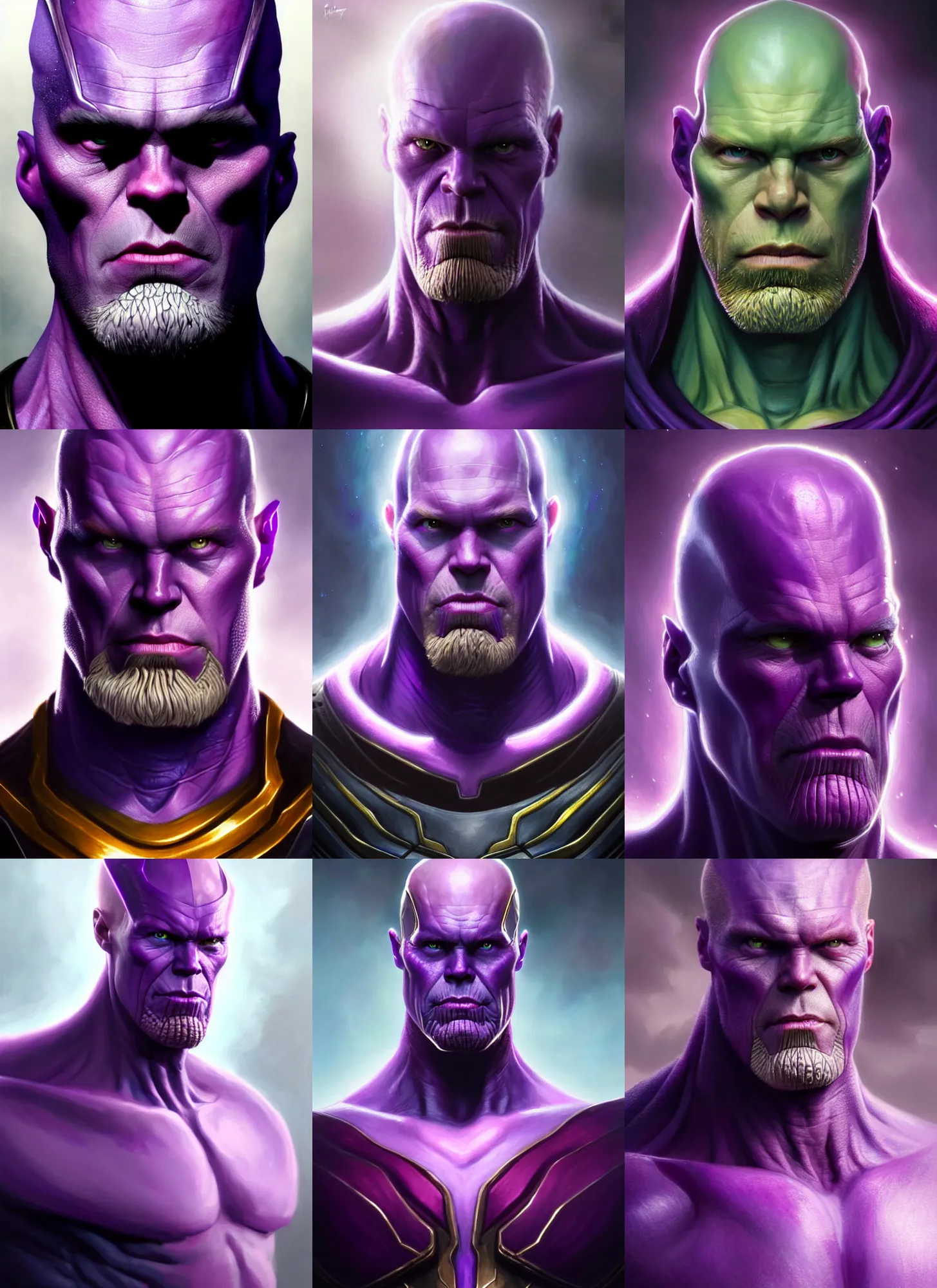 Prompt: a fantasy style portrait painting a character if vision ( paul bettany ) and thanos had a son, purple skin, powerful chin, thanos style traits, painting, unreal 5, daz., rpg, portrait, extremely detailed, artgerm greg rutkowski _ greg